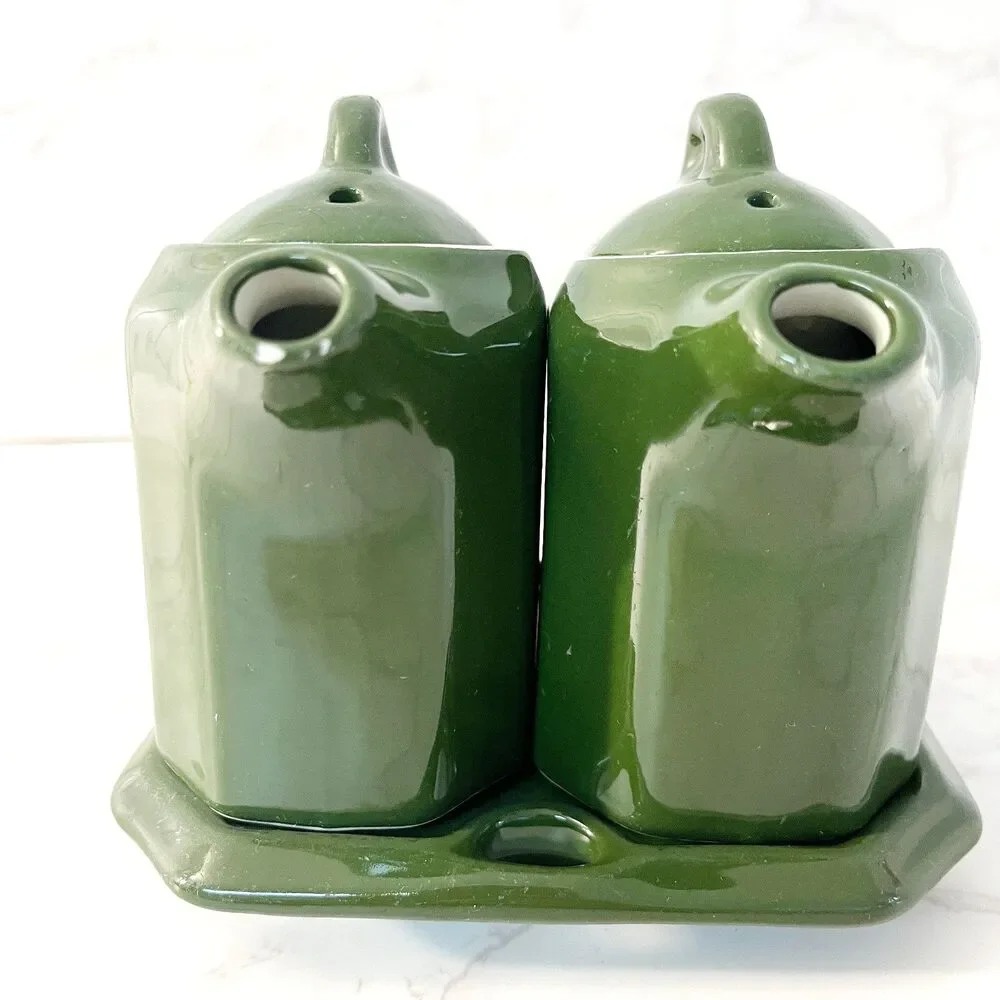 Vintage Lidded Shenango China Oil & Vinegar Cruet Set with Tray Forest Green